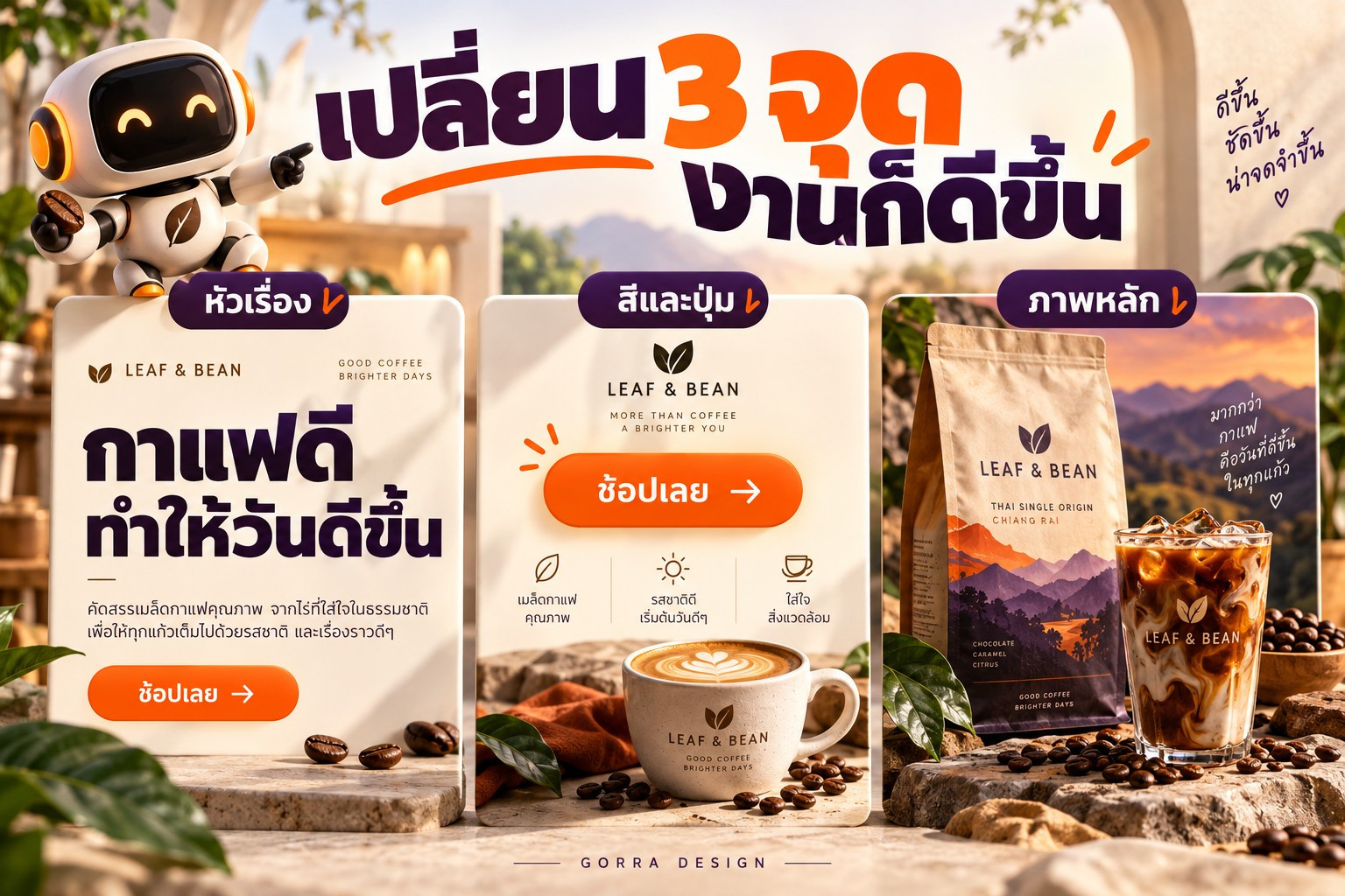 สามจุดที่ช่วยให้งานชัดขึ้น: หัวเรื่อง สีและปุ่ม และภาพหลัก