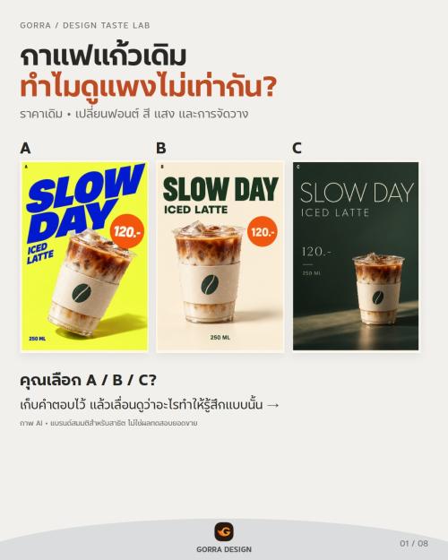 กาแฟแก้วเดิม ทำไมดูแพงไม่เท่ากัน? เทียบฟอนต์ สี แสง และการจัดวาง 3 แบบ